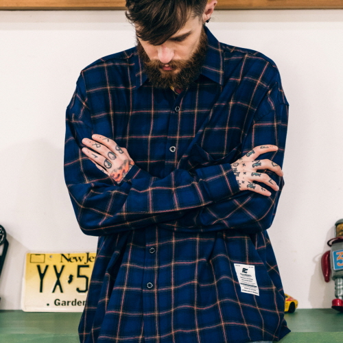 UNISEX Overfit Wide Check Shirt-Blue