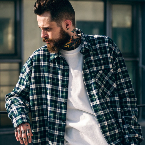 UNISEX Overfit Fine Check Shirt-Green