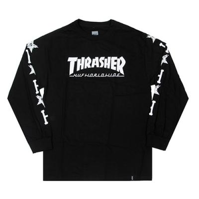 HUF X THRASHER COLLAB LOGO LS TEE-BLK