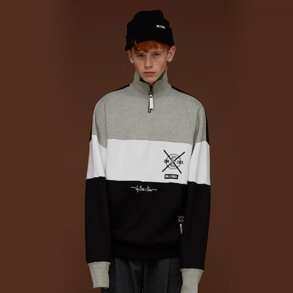 COLOR BLOCK NECK ZIP-UP_GREY