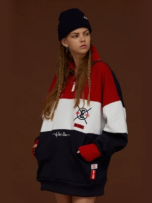 COLOR BLOCK NECK ZIP-UP_RED