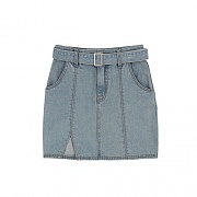 SQUARE BELT STICH DENIM SKIRTS-BLUE