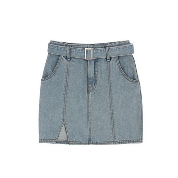 SQUARE BELT STICH DENIM SKIRTS-BLUE