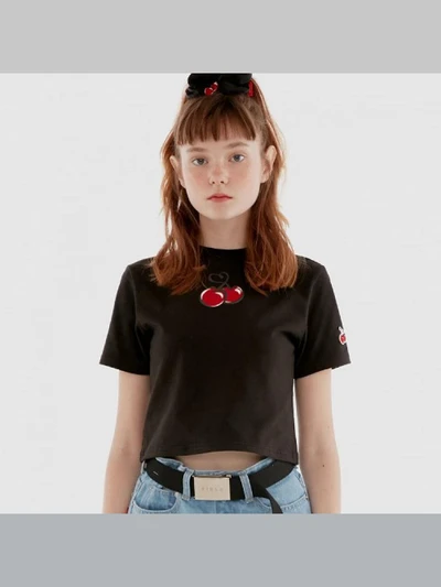HEART CHERRY CROPPED T-SHIRT IH [BLACK]