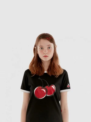 BIG CHERRY GLITTER RINGER T-SHIRT IH [BLACK]