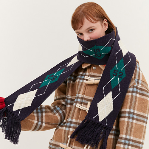 ARGYLE FRINGE KNIT MUFFLER_navy