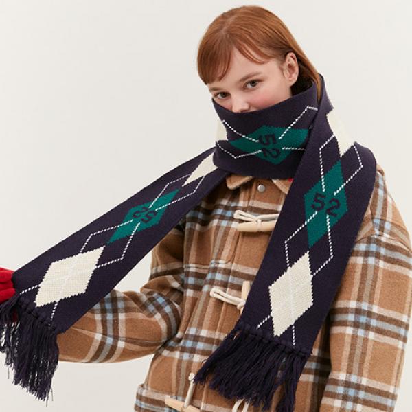 ARGYLE FRINGE KNIT MUFFLER_navy